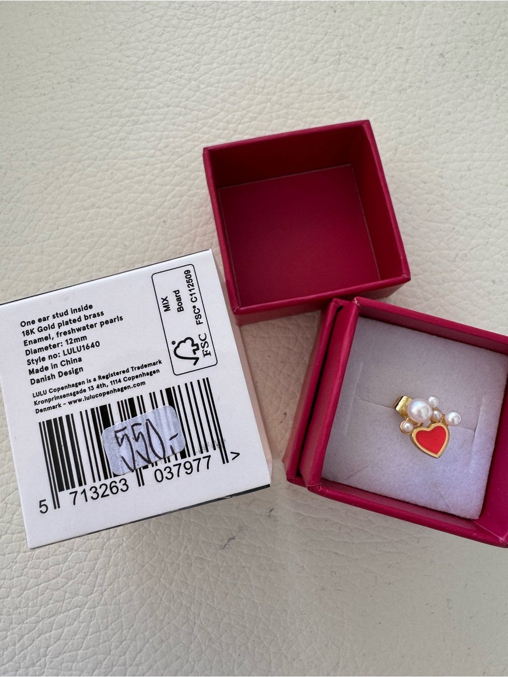 NIB Lulu Single Gold Heart Earring with Red Enamel & Faux Pearl Accent - Picture 3 of 6